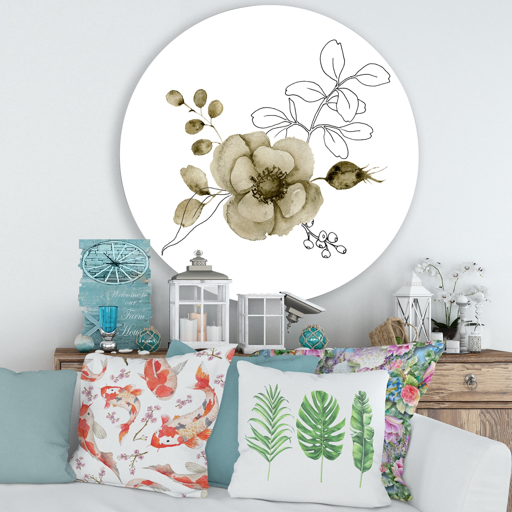 Designart 'Eucalyptus Branches With Anemone Bouquet Flower II' Traditional Circle Metal Wall Art 36x36 - Disc of 36