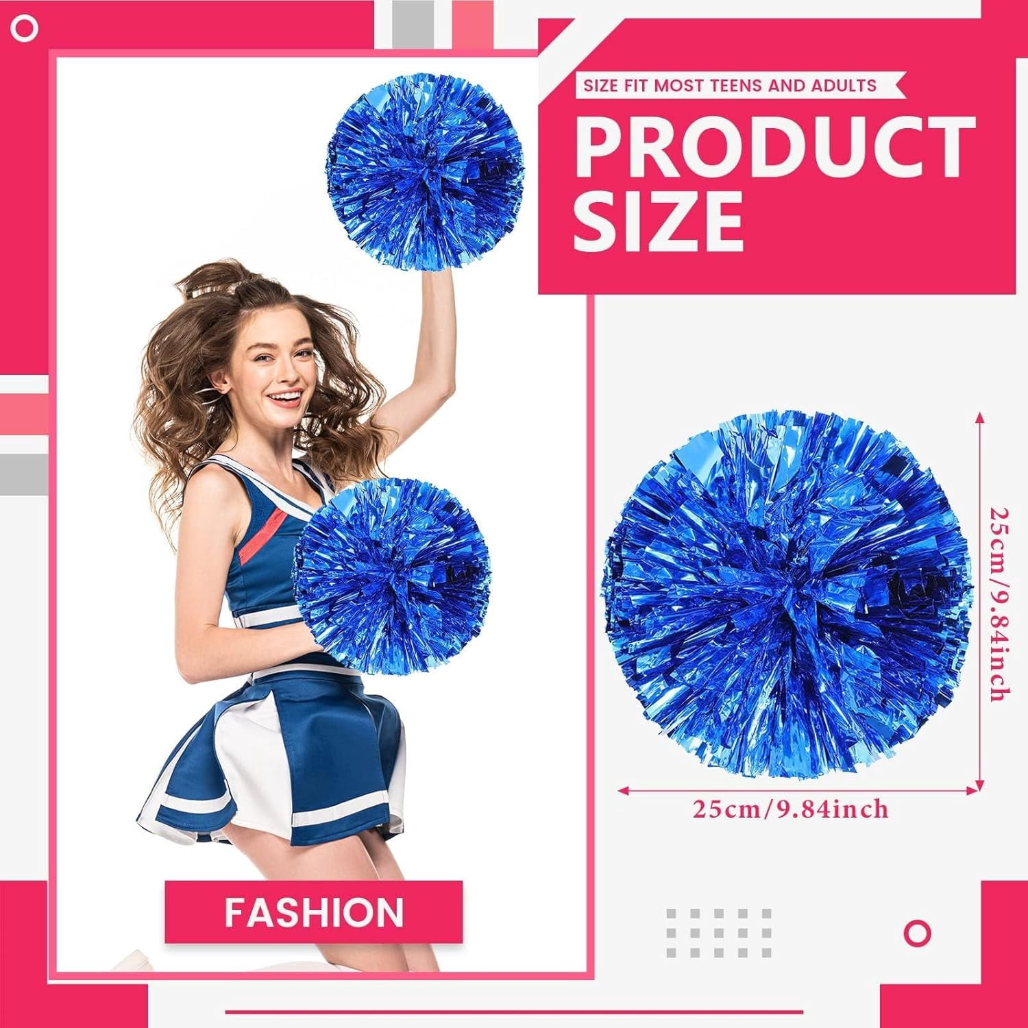 Zhangyh Pom Poms Cheerleading,Fluffy Cheerleader Pompoms with Finger Ring Handle,Metallic Pom Poms Cheerleading for Celebration (Blue, 4 Pack)