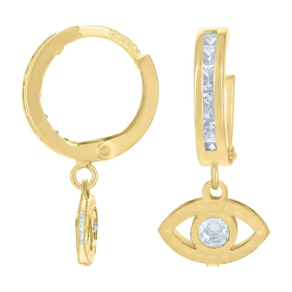 10kt Real Yellow Gold Mens Cubic-Zirconia Evil Eye Dangle Hoop Earrings