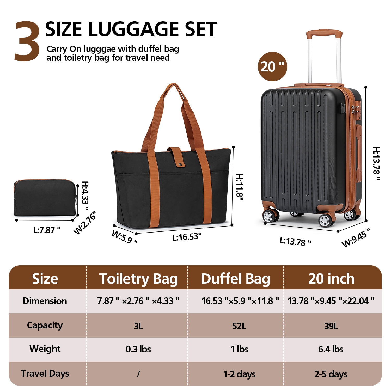 WEPLUS Hardside Carry on Luggage 3 Piece Luggage Sets TSA Lock Spinner Wheels 20" Suitcase with Cup Holder