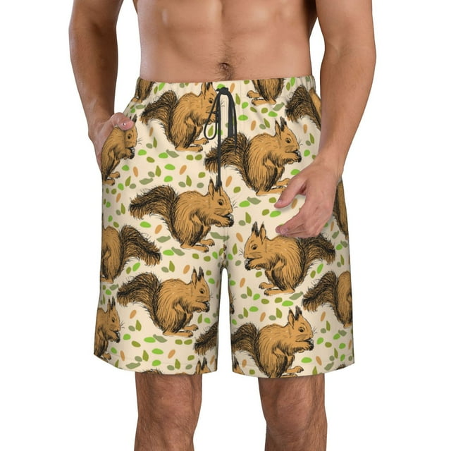 Wukai Retro Squirrel Print Beach Trunks with Compression Liner Swimsuit Quick Dry Beach Sports Shorts with Pocket-Small