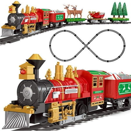 30 PCs Christmas Electronic Classic Railway Train Set Includes 17 Tracks, 1 Locomotive, 4 Carriages, 6 Trees and 2 Elks, Batteries Operated Toy Train Set with Light and Sound, for Boys & Girls
