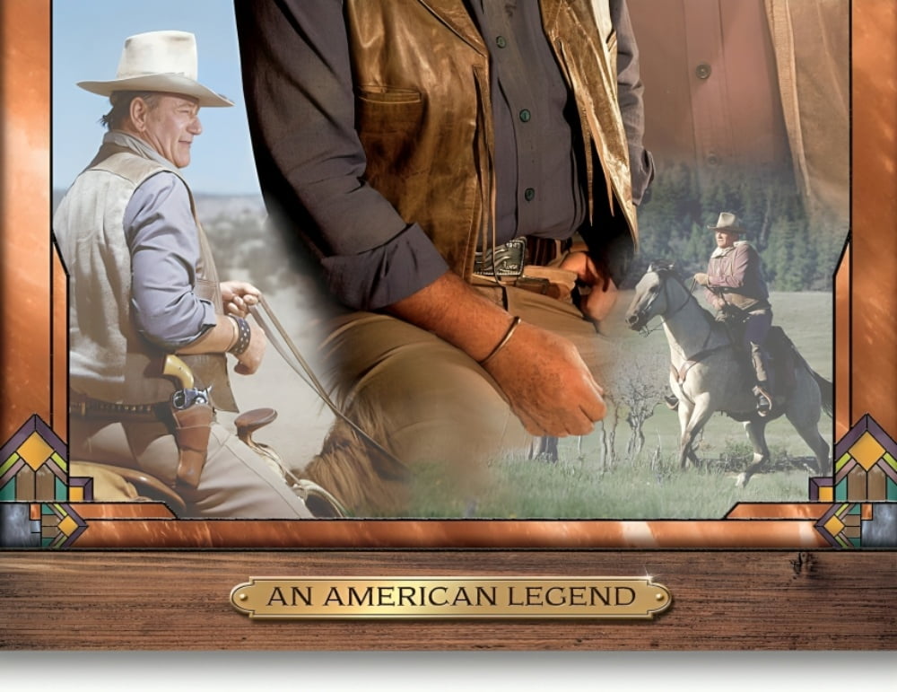 The Bradford Exchange The Legend Of John Wayne Wall Decor Self-Illuminating Wall Decor Stained Glass Artwork with LED Lights and Rustic Wooden Frame 16" W x 20" H