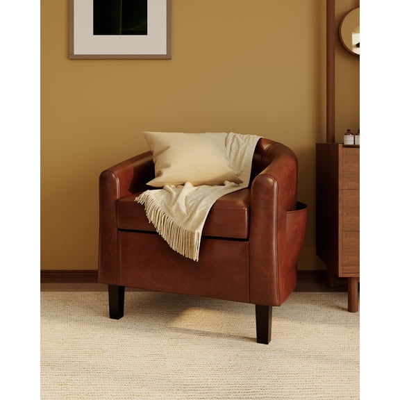 Brown Faux Leather Barrel Armchair with Side Pocket and Fringed Throw