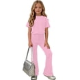 thumbnail image 5 of Teen Girls Solid Color Clothes 2 Piece Outfit Classic Short Sleeve Tee Basic Top Bell Bottom Pants Set Casual Flare Trouser Sweatsuit Activewear Suit, 5 of 7