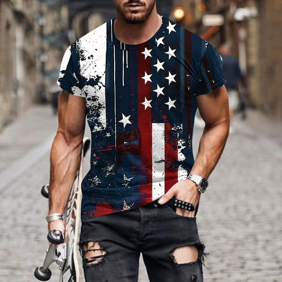 Fourth of July T Shirts Men Memorial Day Shirt Red White and Blue Mens Tshirt Men 4th of July Shirts Men's Independence Day Printed Round Neck Short Sleeved Tops Blouses