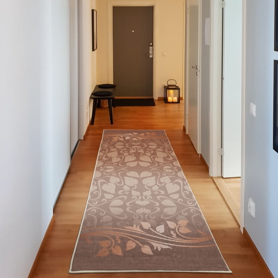 Floral Decorative Rug, Romantic Royal Leaf Pattern Yellow Colored Blossoming Branch Leaves Art, Quality Carpet for Bedroom Dorm and Living Room, 6 Sizes, Pale Chocolate, by Ambesonne