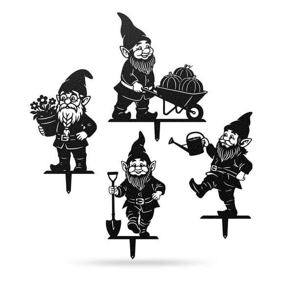 RealSteel Garden Working Gnome Yard Stakes - 4 Pack Metal Garden Art (Black, 20–21in Tall)
