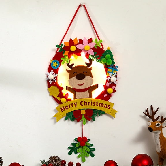 Wooden Lighted Christmas Wreath Bow Hanging Decoration Led Front Door Wall Window Ornament Christmas Decoration 17.7 in