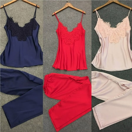 Women Lingerie Laces Pyjamas Camisole Set V-neck Sleepwear Silk Pajamas Set
