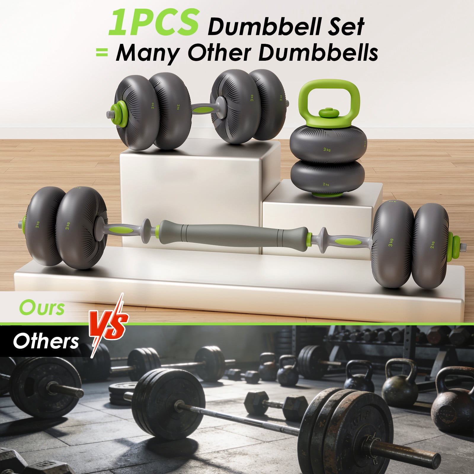 LIFERUN Adjustable Dumbbell Set, Soft PVC, 45lbs/67lbs Free Weight Set. 4-in-1: Barbell, Dumbbells, Kettlebell, Weight Plates, Green.