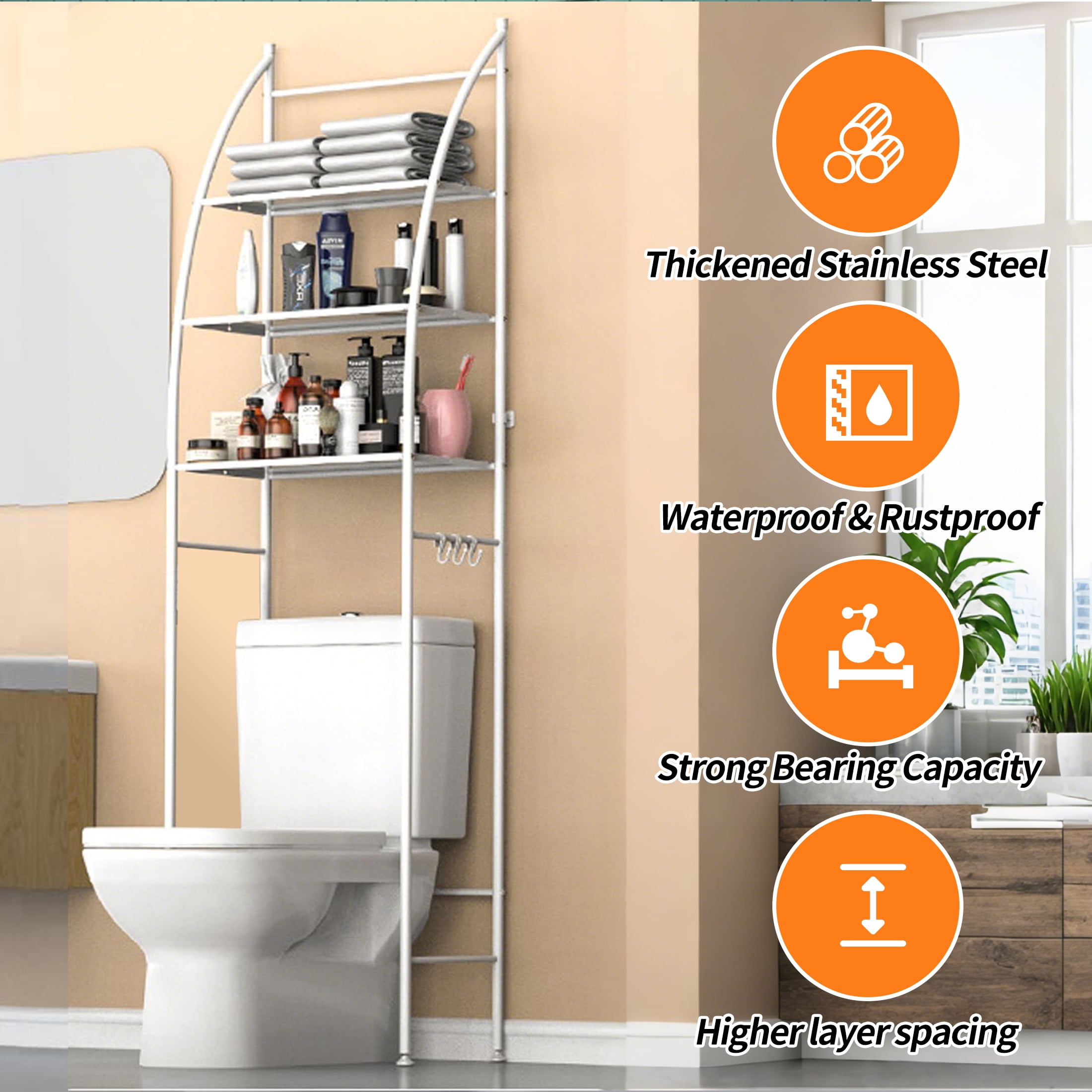 HIOHA 3-Tier Over Toilet Storage Rack with Toilet Paper Roll Holder & 4 Hooks, Steel Bathroom Space Saver Organizer, White