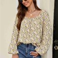 thumbnail image 3 of Mujer Cuello Cuadrado Estampado Floral Tops Moda Elegante Dobladillo Suelto Manga Larga Puff Camisa Blusa para Trabajo Albaricoque XL, 3 of 7