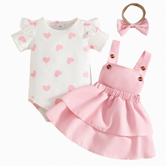 UngA Baby Girl Summer Clothes Short Sleeve Romper Cute Print Overall Dress With Headband Set Newborn Infant Girl Spring Outfits 6-9 Months,Light Pink