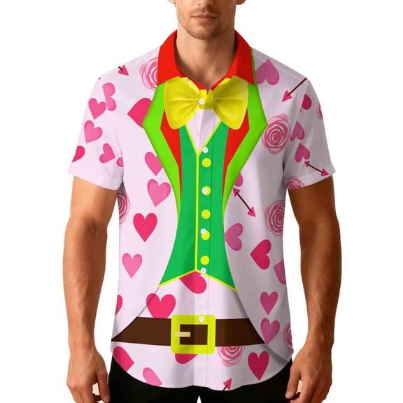 Stamzod Mens Casual Shirts Summer Short Sleeve Funny Hawaiian Shirt Valentine's Day Casual Mens Tops Pink T L