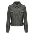 thumbnail image 2 of BLTIBY Women's Leather Casual Jackets Fall Button Solid Color Lapel Trendy Motorcycle Cropped Outfwear Lightweight Slim Coats Gray XXL, 2 of 9