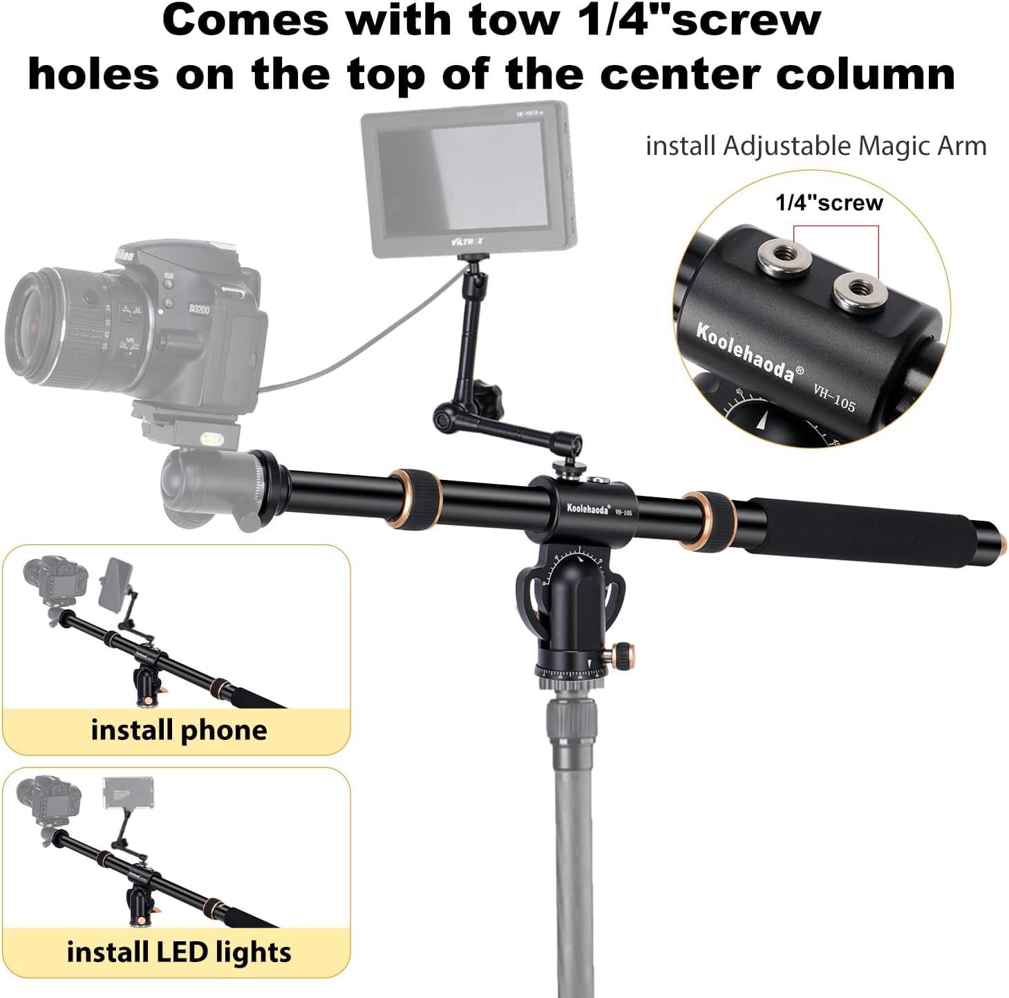 Koolehaoda Tripod Extension Arm 41" Retractable Horizontal Center Column 360° Rotatable 180°Vertical Adjustable Tripod Boom with Sandbag for Camera Macro Overhead Photography, Load Up to 33lbs
