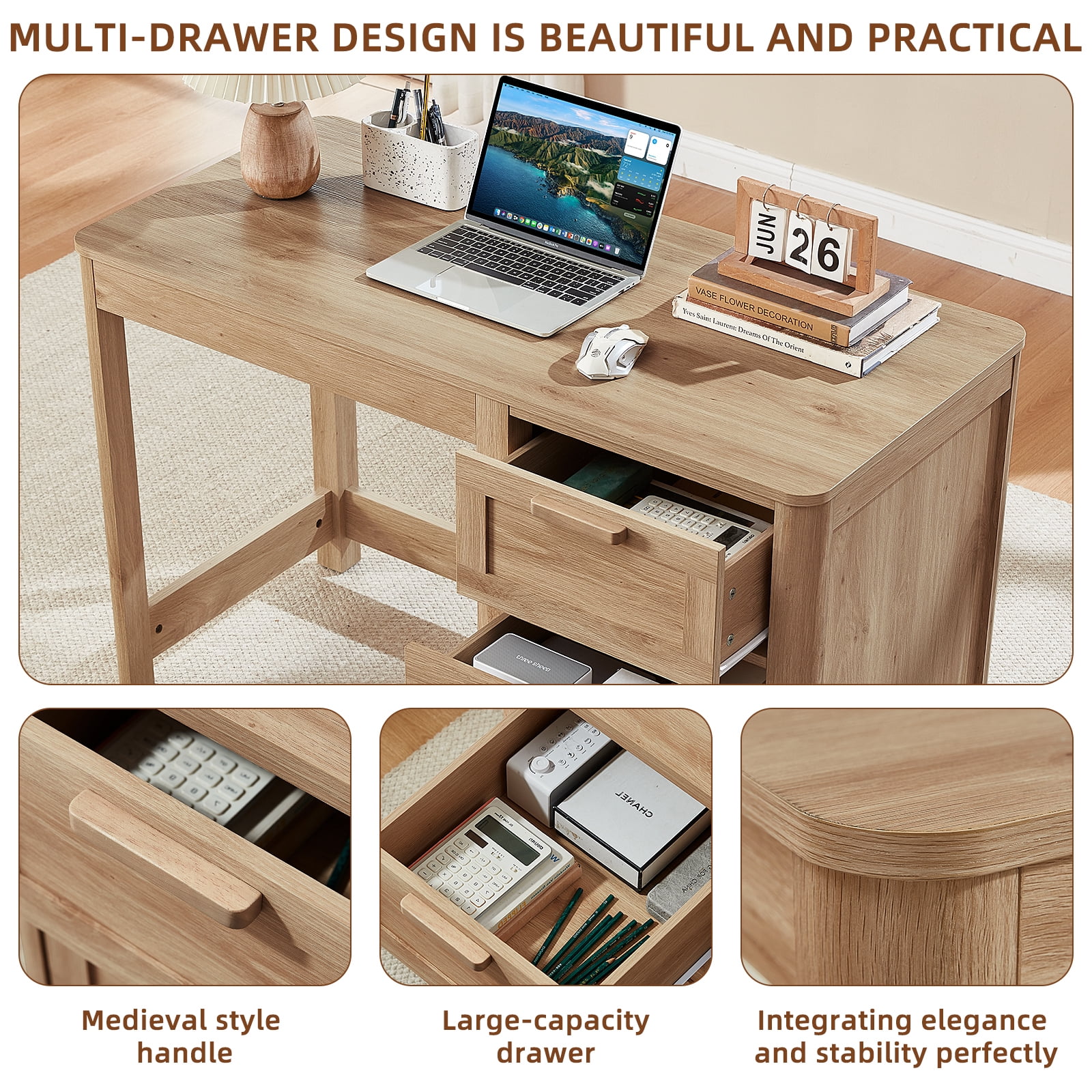 Leyaoyao Home Office Desk 48" Modern Computer Desk Small PC Table with Storage Cabinet, Compact Study Writing Desk for Bedroom, Natural Oak