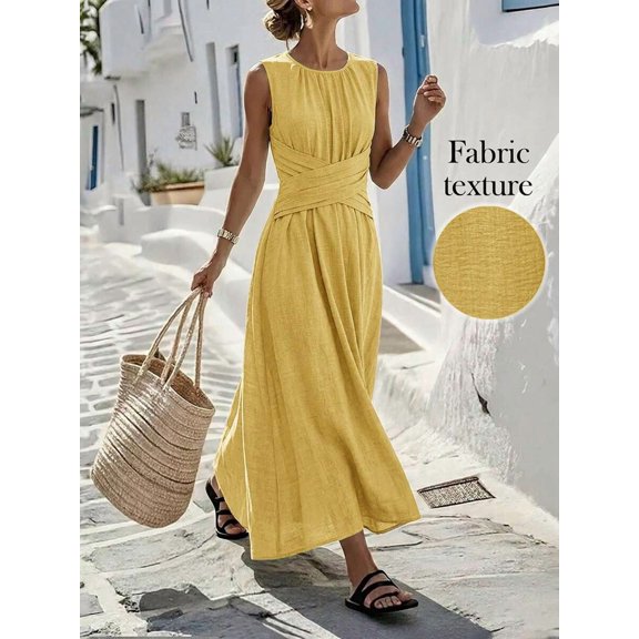 Womens Sleeveless Yellow Criss-Cross Waist Casual Maxi Dress, Elegant