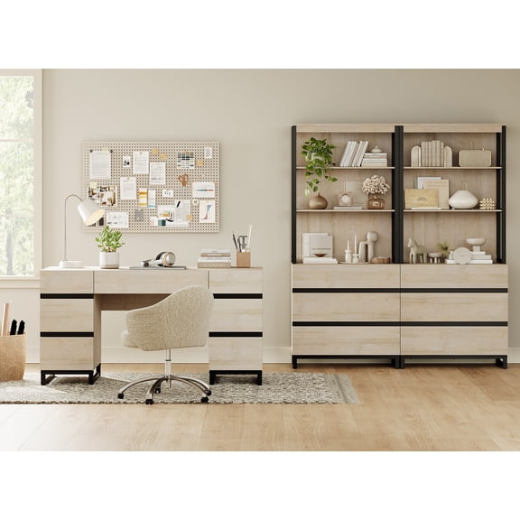 WAMPAT Home Office Furniture Set: 59in Modern Executive Desk with Charging Station and Drawers and 2 PCS 72in Tall Bookcases with 6 Drawers, Home Office Furniture for Living Room, Bedroom, Beige