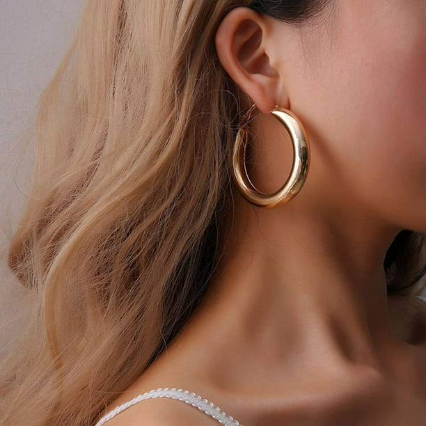 Bohemian Tube Hoop Earrings Gold Big Circle Lightweight Large