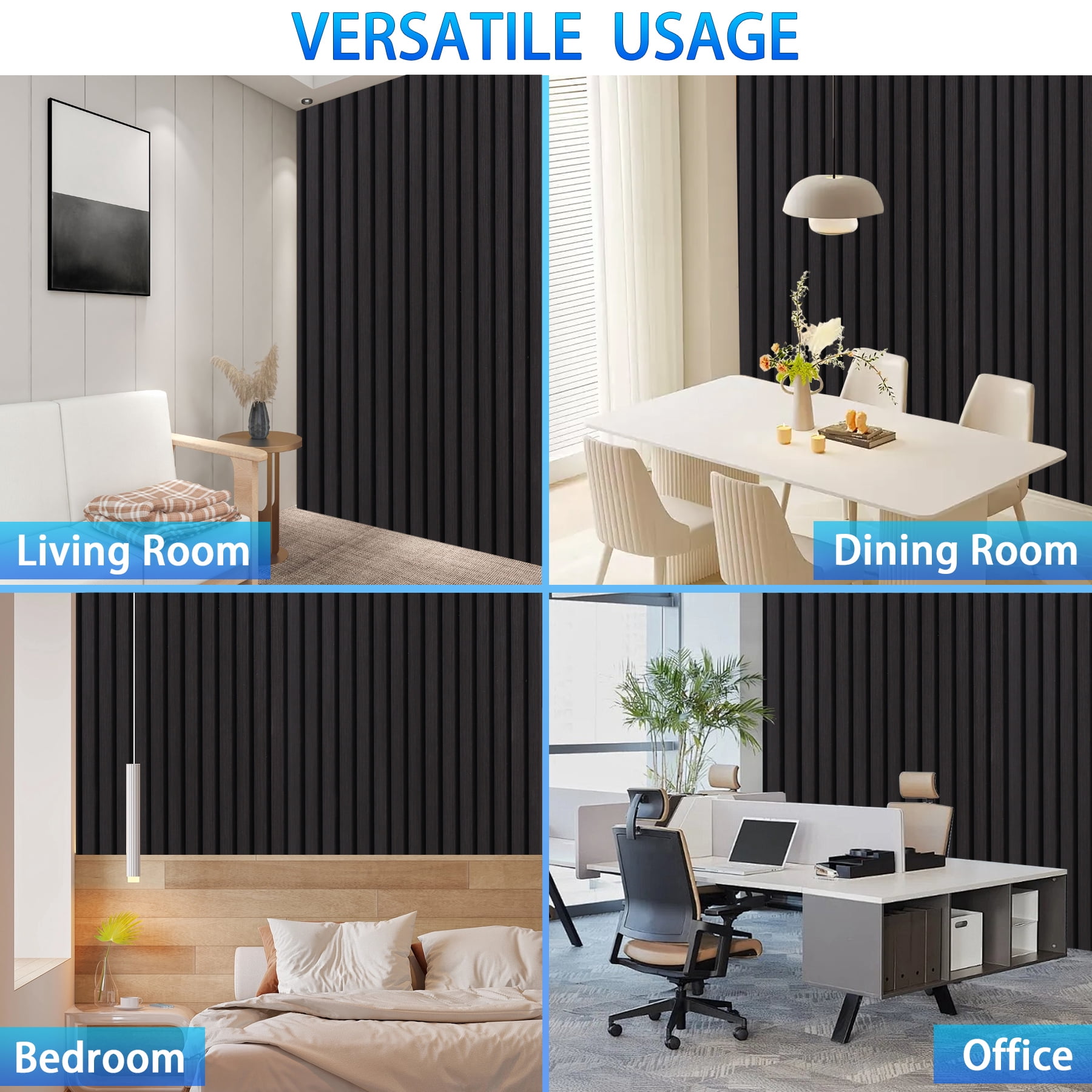 Taaizau 3D Slat Acoustic Wall Panels with Wood Finish Accent, 4 Pack Sound Absorbing Paneling for Studio, Office, Living Room, Bedroom Interior Decor (Matte Black, 48''L x 24''W)