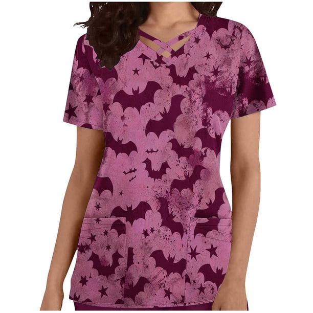 Tops Cortos para las Mujeres, Halloween Impreso en Cuello en V con Bolsillo, Moda Casual Manga Corta
