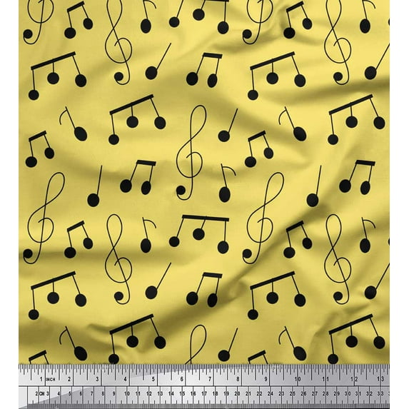 Soimoi Yellow Modal Satin Fabric Notes Musical Instrument Print Sewing Fabric Yard 42 Inch Wide