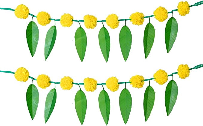 Artificial Marigold Flower Garland Toran | Door Hanging Decor | 36x9 Inches | With Beads