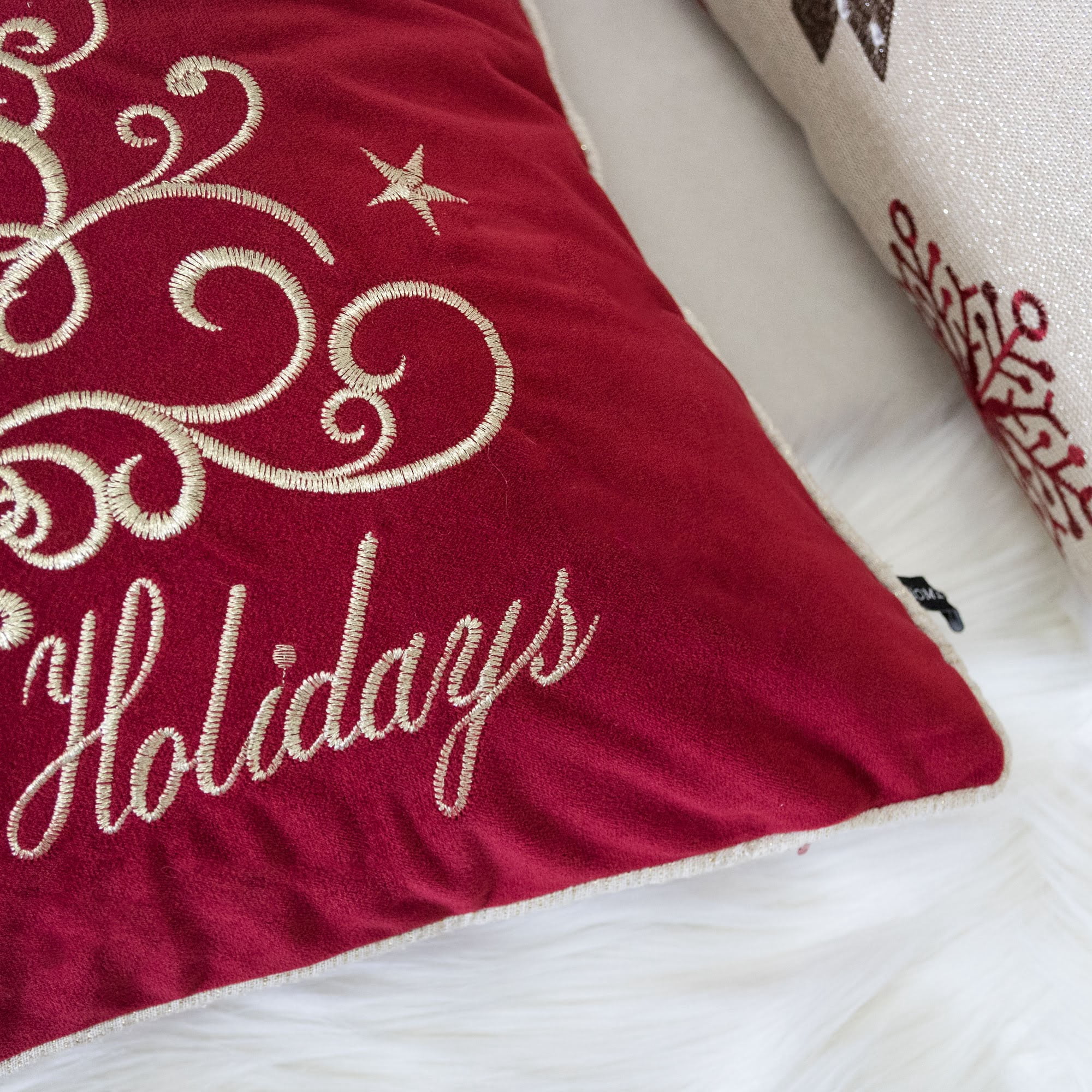 Velvet Happy Holidays Gold Embroidered Christmas Tree Pillow 20x20 Inch Holiday Decor