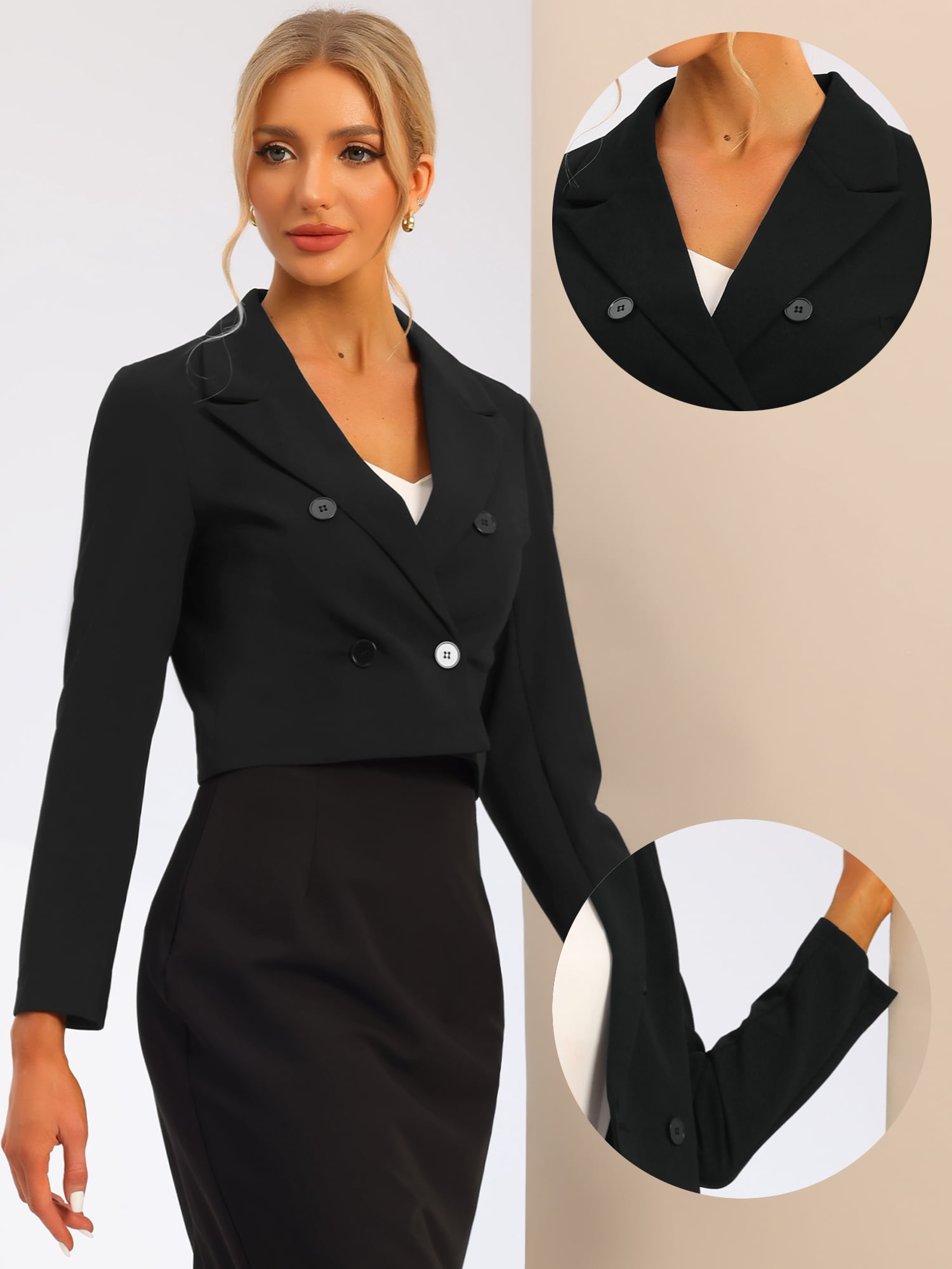DARING DIVA Women's Notched Lapel Collar Office Cropped Blazer Jacket XL Black
