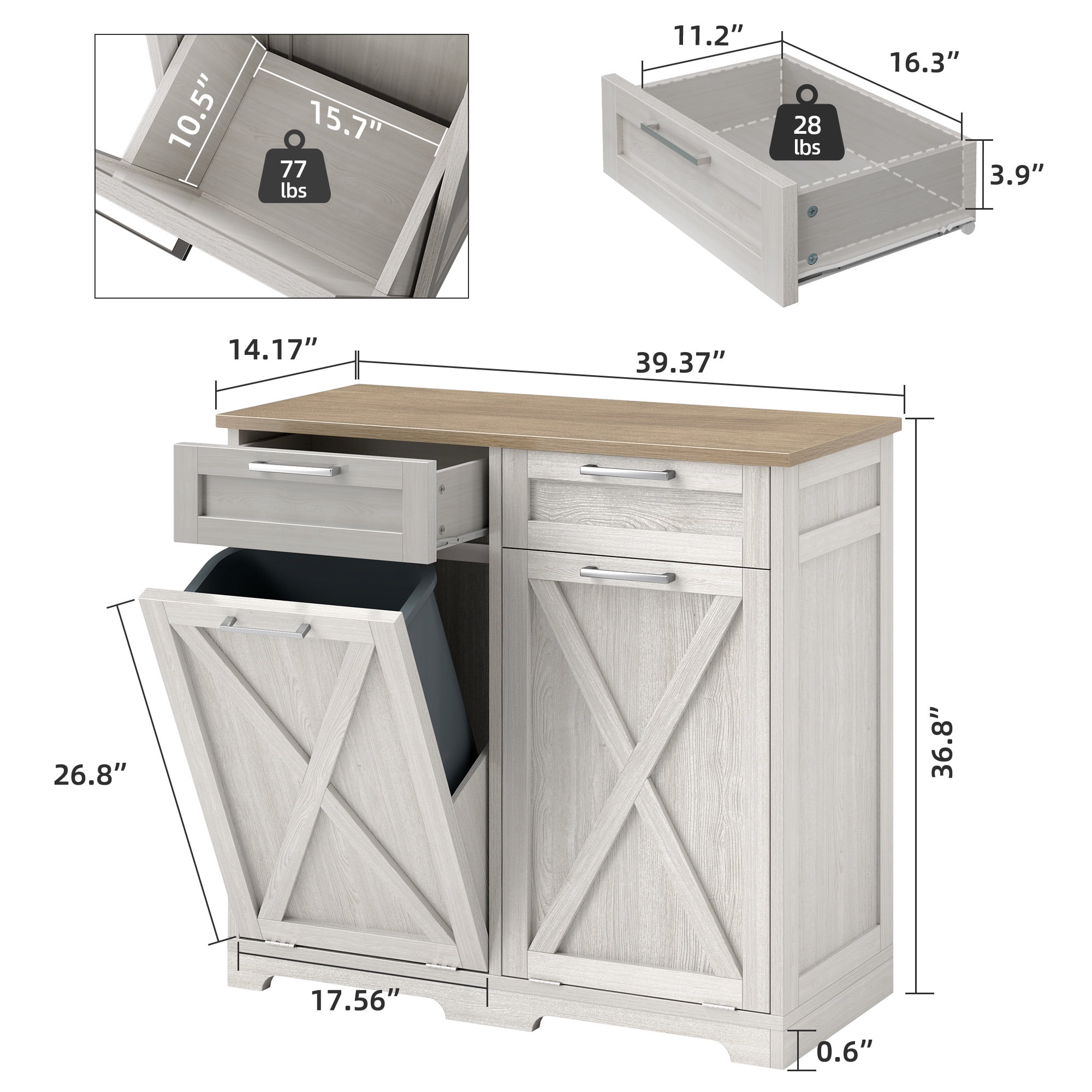 Uforic Buffet Cabinet with Drawer, Tilt Out Storage Cabinet for Double 10-gal Trash Bins, White