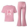 thumbnail image 5 of KKBOTIVE Cute Bow Print Outfit for Girls Fashion Short Sleeve Shirt and Flared Pants 2Pc Set for Kids Back to School Daily Wear, Light Pink Size: 7-8 Years, 5 of 5