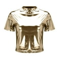 thumbnail image 3 of Sweet Home Farm Short Sleeve Shirts for Women Solid Color Reflective Shiny Metallic Round Neck Bodysuit T Shirt T Shirts for Women Gold, 3 of 8