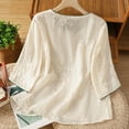 thumbnail image 4 of HOMBOM Beige T Shirts for Women Cute 3/4 Sleeve Cotton Linen Holiday Loose Crew Neck Flower Blouse, 4 of 8