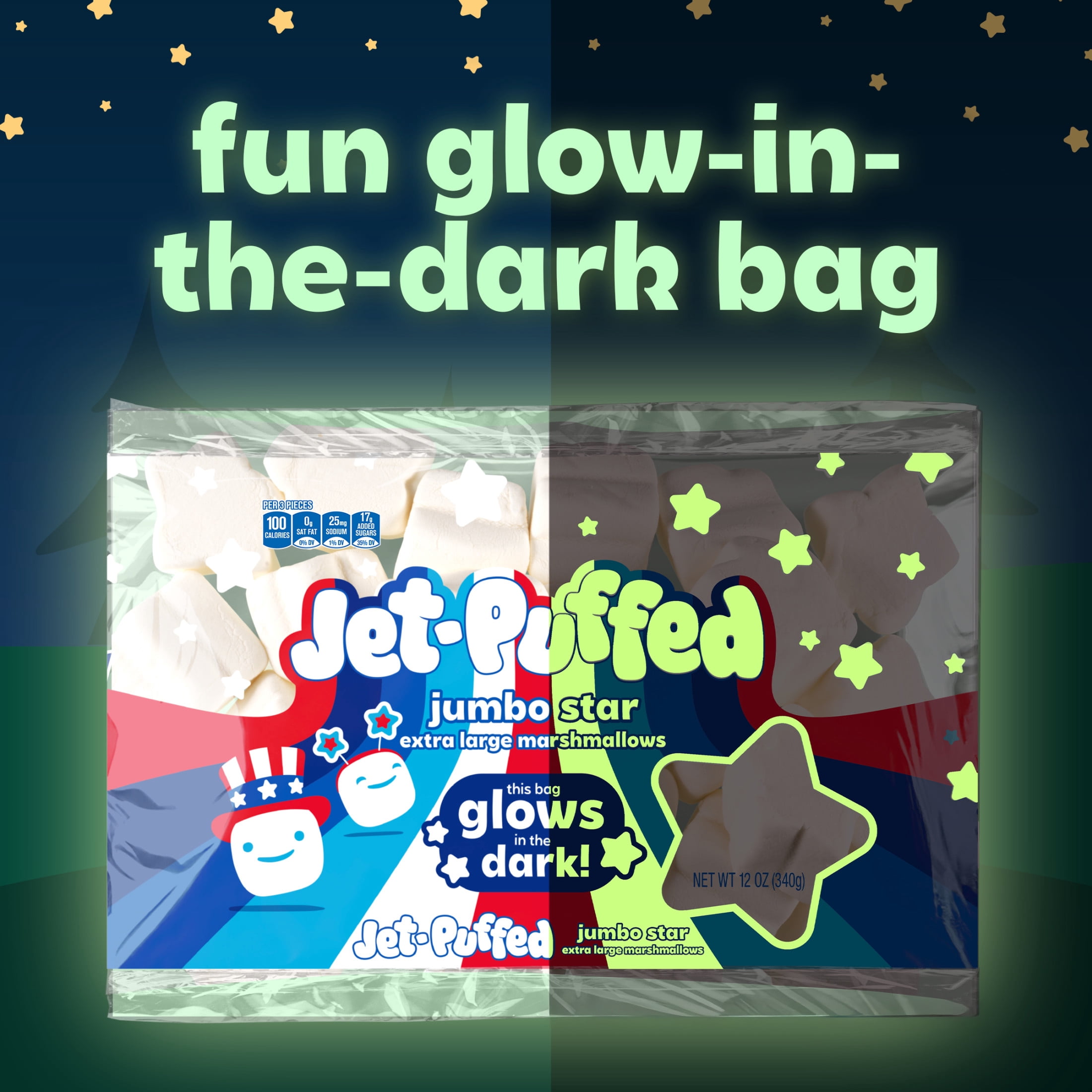 Jet-Puffed Jumbo Star Extra Large Marshmallows, 1 Bag, for S'mores and Americana Snacking, Fat Free, Glow-in-the-Dark Bag, 12 oz