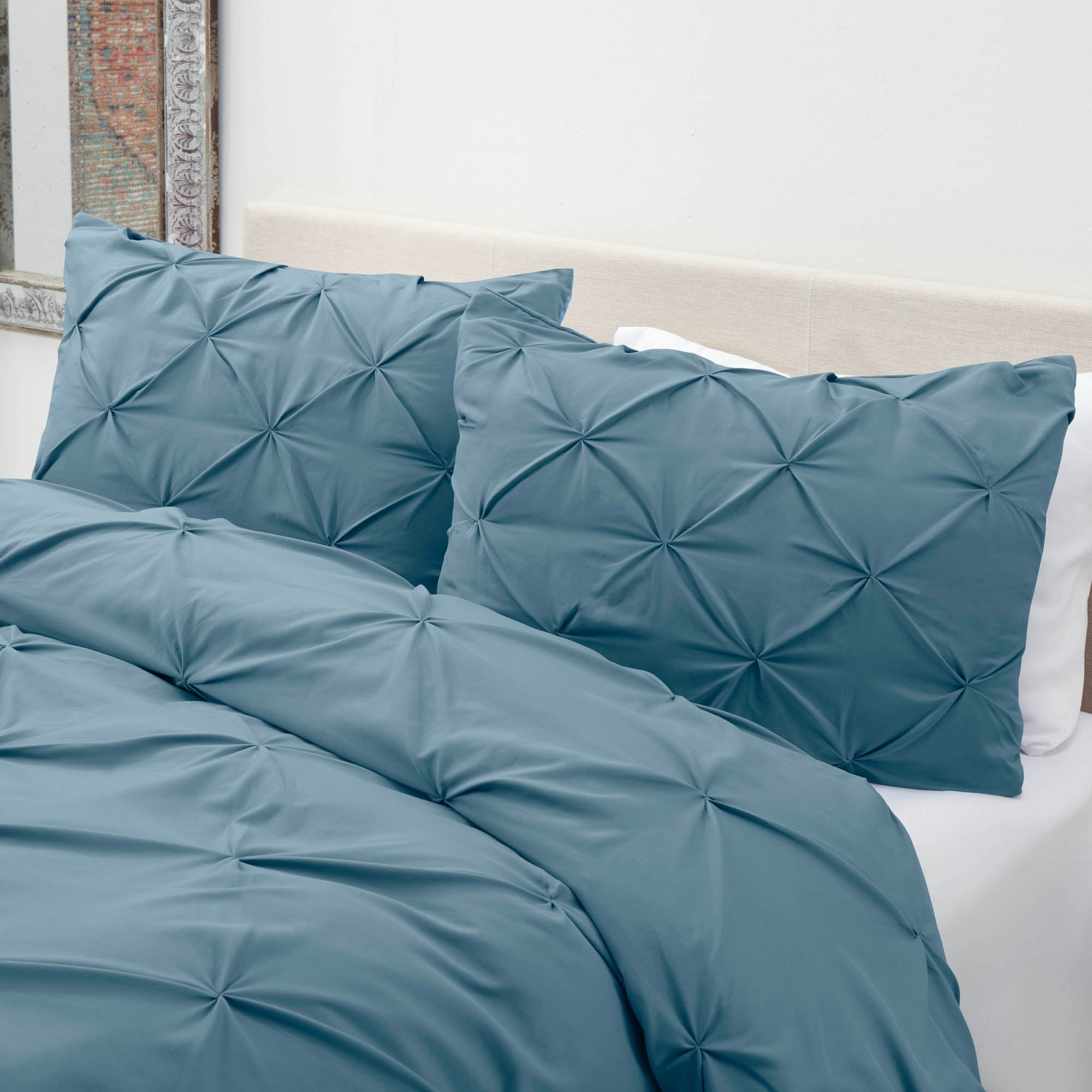 Nestl 3 Piece Pinch Pleated Pintuck Duvet Cover Set with Shams, Soft Microfiber,Button Closure Bedding Set, Full - Blue Heaven