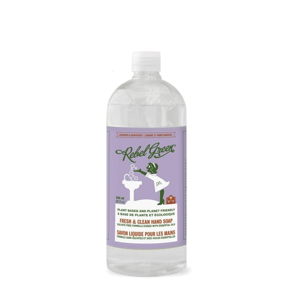 Jabón de manos Rebel Green Fresh & Clean – Jabón líquido hidratante natural para baño y cocina – Lavado de manos suave para el hogar – Lavanda y pomelo botella de repuesto de 32 onzas líquidas (paquet