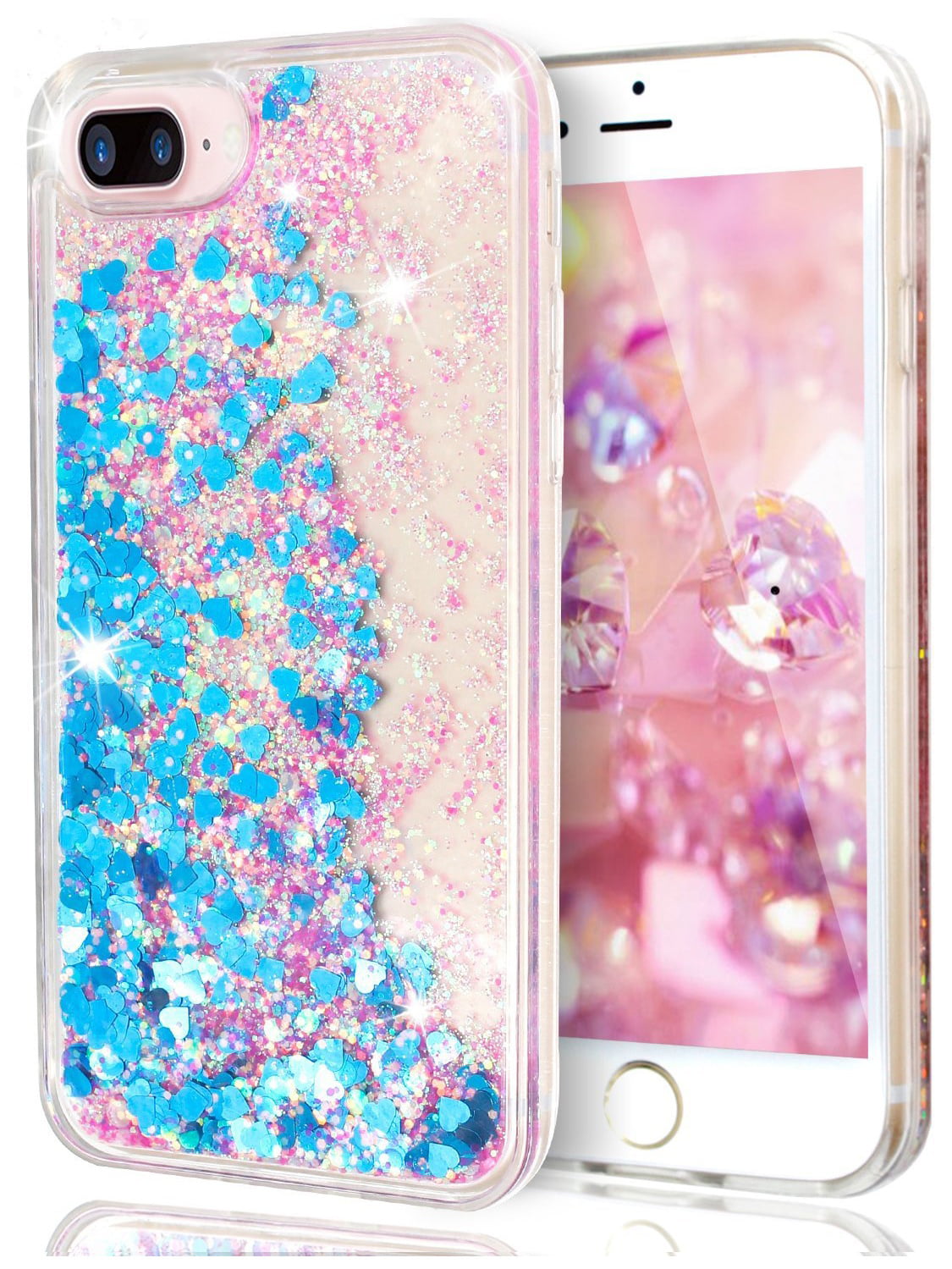 For iPhone 6 Plus 5.5" iPhone 6s Plus 5.5" Pink Floating Hearts Liquid Waterfall Sparkle Glitter Quicksand Case -