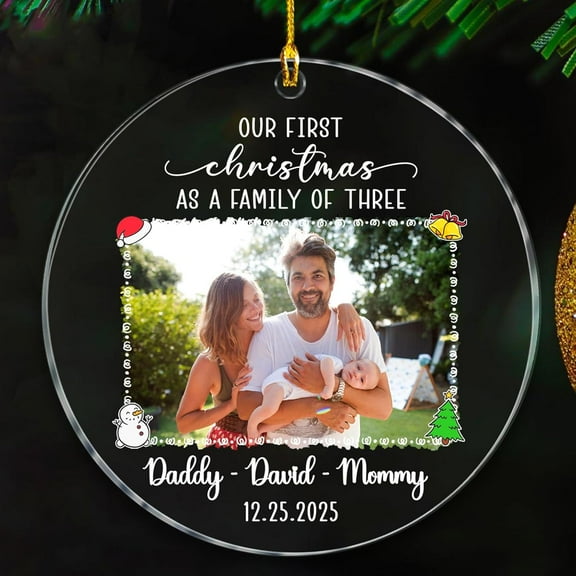 Photo Frame Our First Christmas As A Family of Three Ornaments Gift, Add Picture Family of 3 Ornament Gift for New Dad Mom & Kids, Custom Date/Names New Family Keepsake Xmas Ornaments