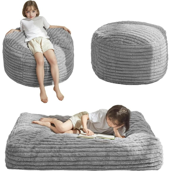 Kids Bean Bag Chair Bed, Convertible Children Bean Chair to Floor Mattress with Filler, Faux Fur Bean Bag Bed Stuffed Child Sofa Couch for Girl Boy Sleeping, Machine Washable Cover, Grey