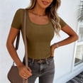 thumbnail image 3 of Lumtrix Women Short Sleeve Tops Scoop Neck Ribbed Knit Slim Fitted Basic Tee Shirt Casual Spring Summer Clothes 2026 Camel XL, 3 of 7