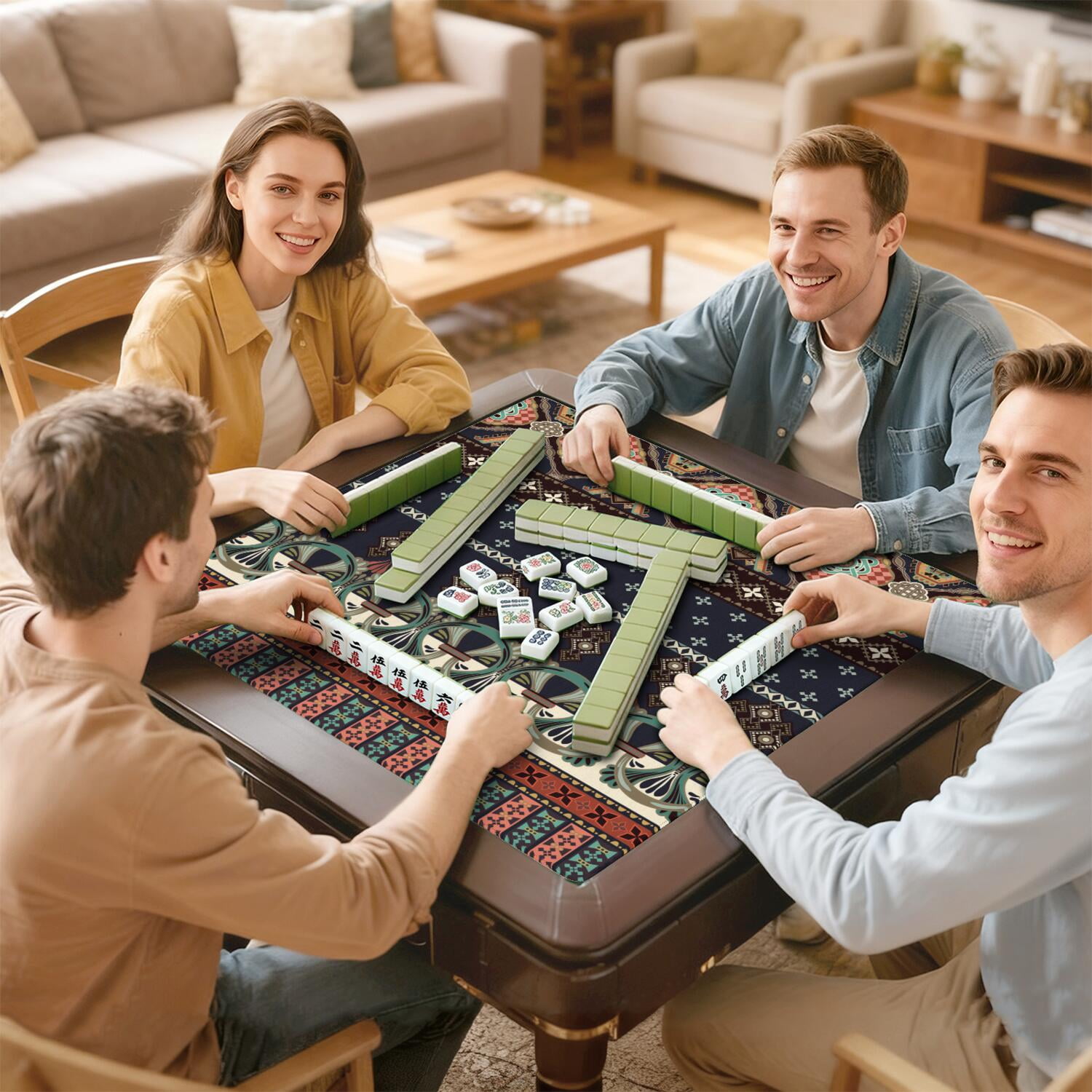 31.5 Inch Bohemian Game Mat Made of Premium Rubber Material with Anti-Slip Surface Grip and Noise Dampening Properties for Mahjong Tiles Board Games