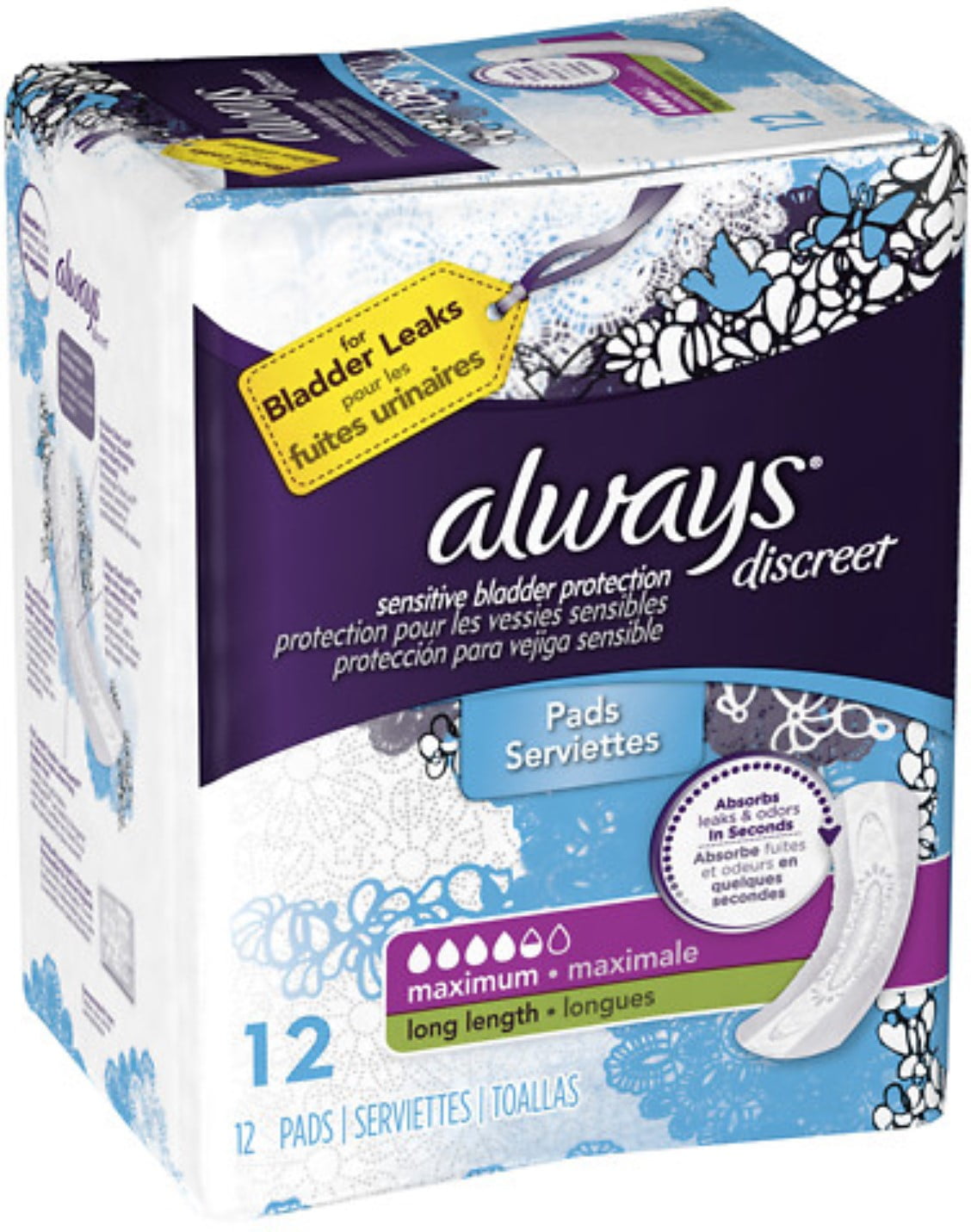 Always Discreet Incontinence Maximum Absorbency Pads, Long 12 ea (Pack