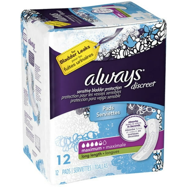 Always Discreet Incontinence Maximum Absorbency Pads, Long 12 ea (Pack of 2)