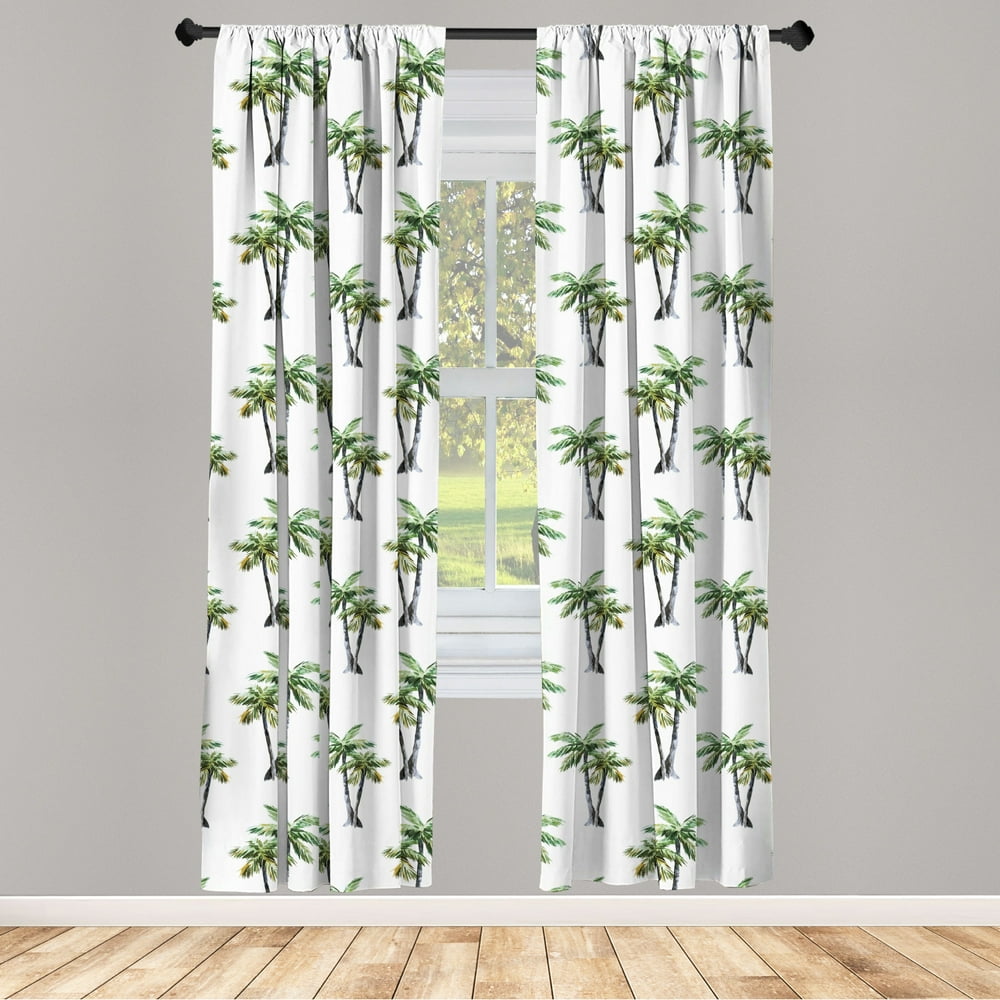 Palm Tree Curtains 2 Panels Set, Botanical Watercolor Artwork of