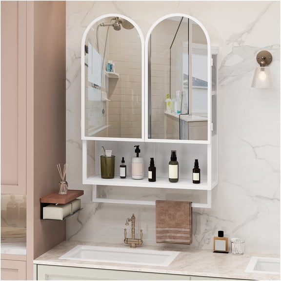 JERFIT 24" Modern Double Arched Bathroom Mirror Medicine Cabinet with Storage, Wall Mounted White Metal Frame with Adjustable Glass Shelves & Towel Rack for Bathroom, Bedroom, Hallway