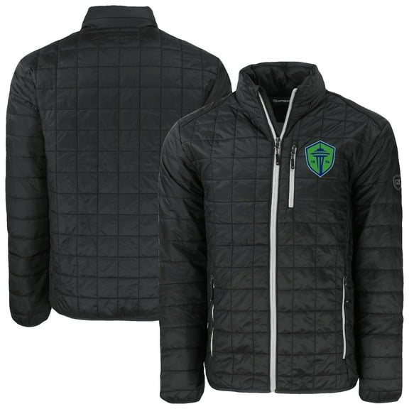 Men's-Cutter & Buck  Black Seattle Sounders FC Rainier PrimaLoft Eco Insulated Full-Zip Puffer Jacket