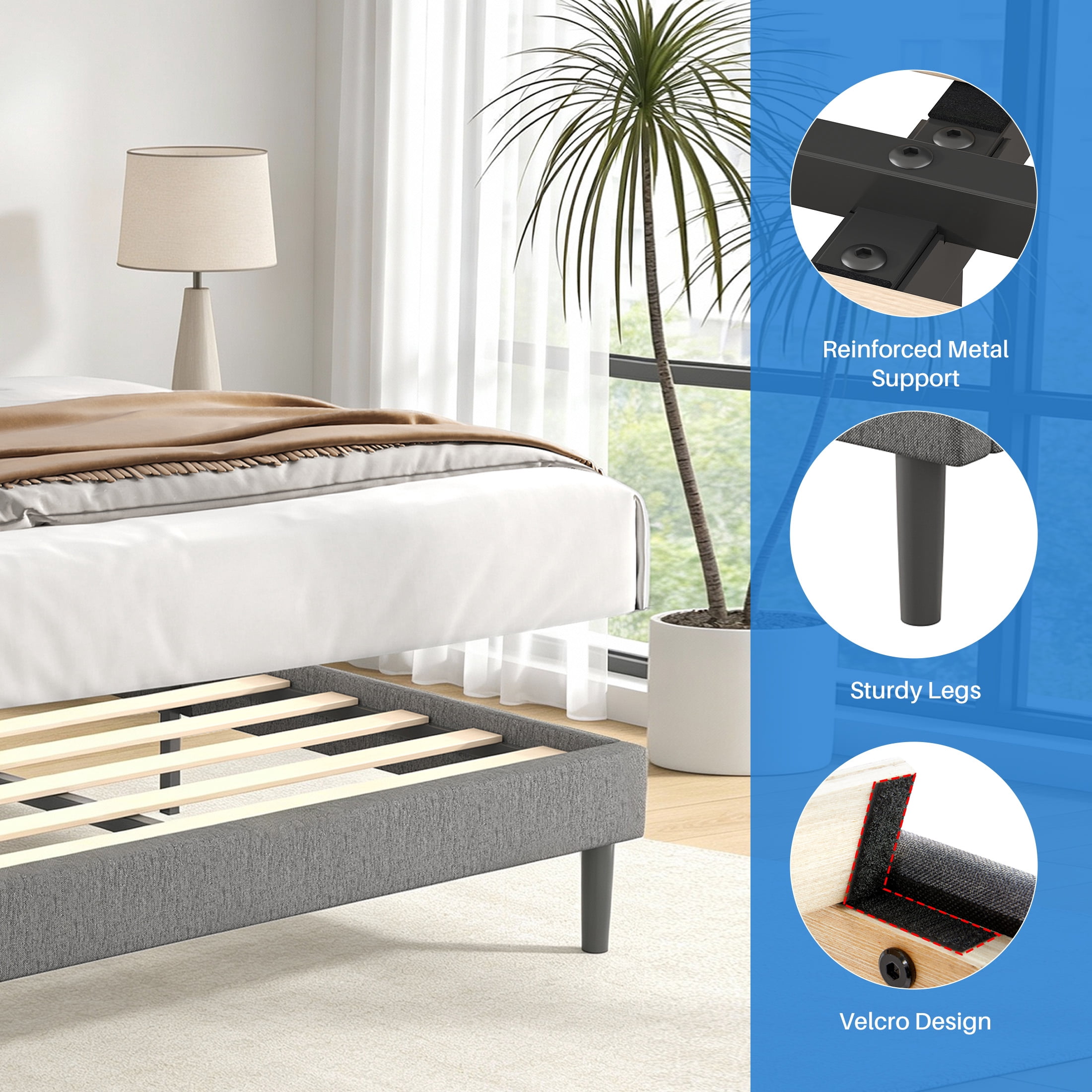 edx Upholstered King Bed Frame with Height-Adjustable Headboard, 3 USB Charging Ports, LED Light Strip & Bluetooth Controller, Gray