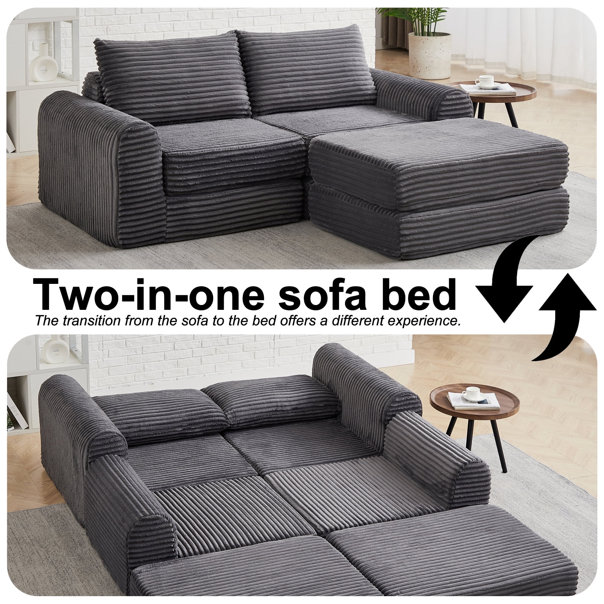 2-in-1 Corduroy Convertible Sleeper Sofa Bed with with Two Throw Pillows & Curved Lines for Living Room,Easy Assembly,Grey